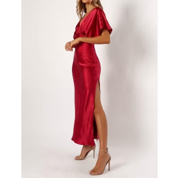 Petal and Pup Dress NWT Flawed Ricki Maxi Ruby Wine Small Satin Butterfly Sleeve - Picture 16 of 17